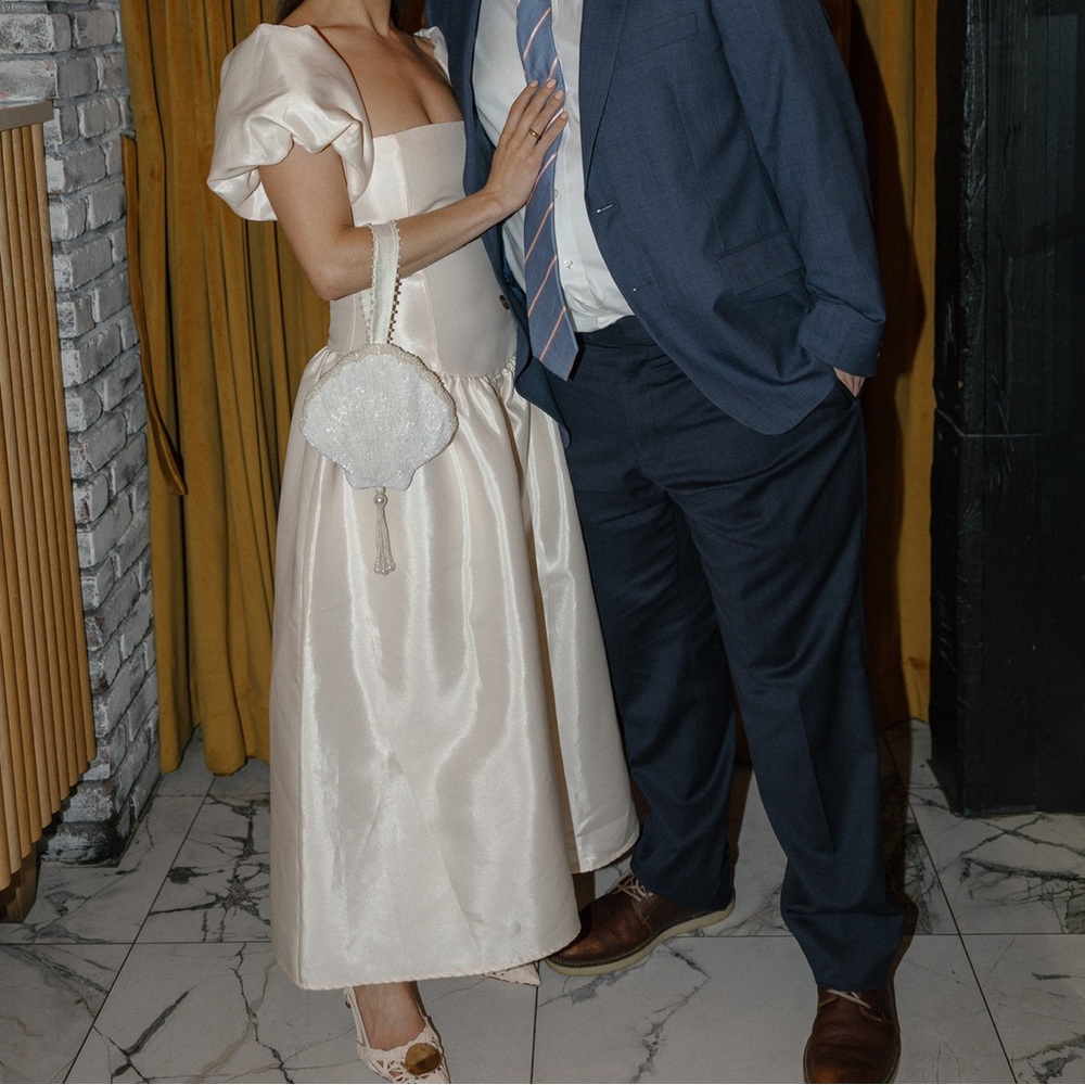 Cream Taffeta Puff Sleeve Dress